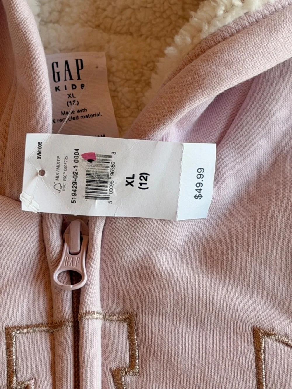 Gap Girls Sherpa Fleece Lined Zip Hoodie Light Pink NWT XL 12